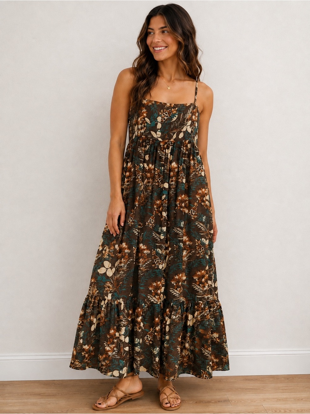 Natural Life Brown Floral Boho Tiered Maxi Dress Size Large